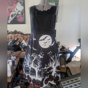 Black Goth Halloween Dress with Moon, Cats, and Bats Gothabilly Horror